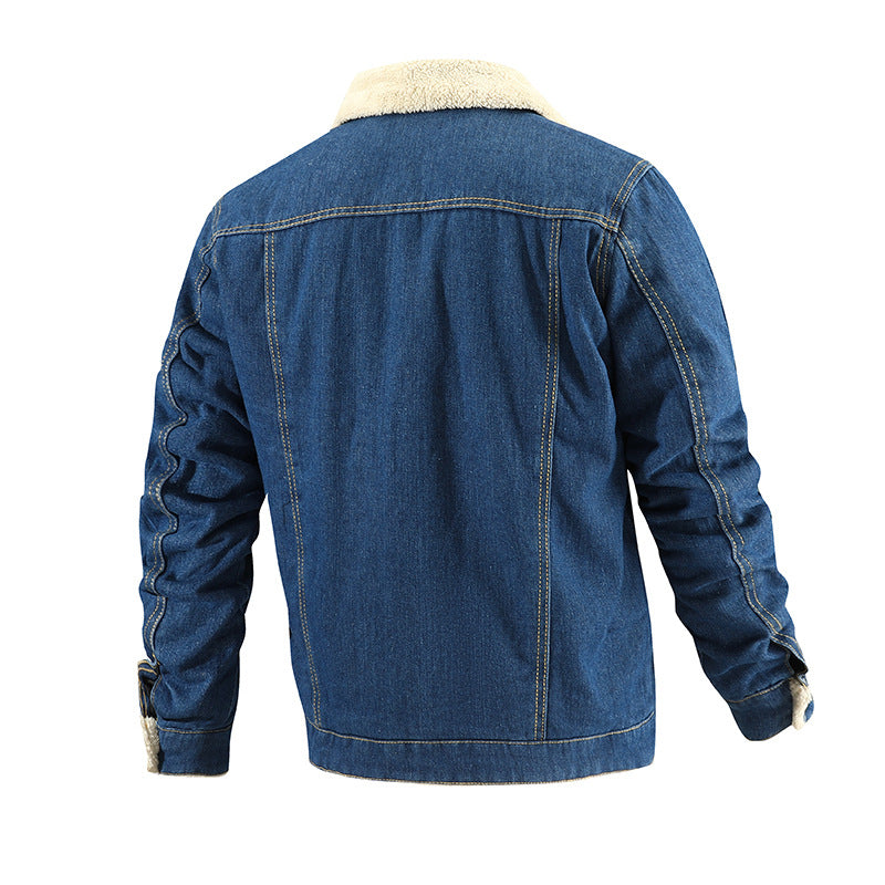 2026 Cross-Border Autumn And Winter Men's Long-Sleeve Fleece-Lined Thickened Denim Jacket With Turn-Down Collar, Large Size, Casual Versatile Fashion Urban Style