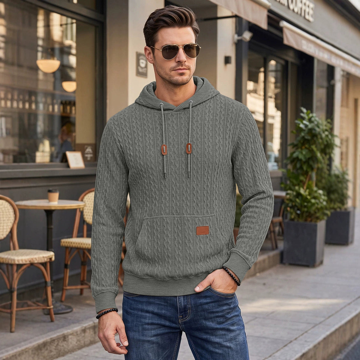Men's Chunky Knit Hoodie – Cozy Textured Pullover for Fall & Winter