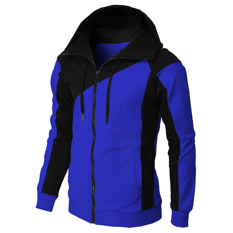 Autumn And Winter Contrast Color Zipper Coat Hooded Sweater Casual Fashion Long Sleeve Sports Men's Clothing