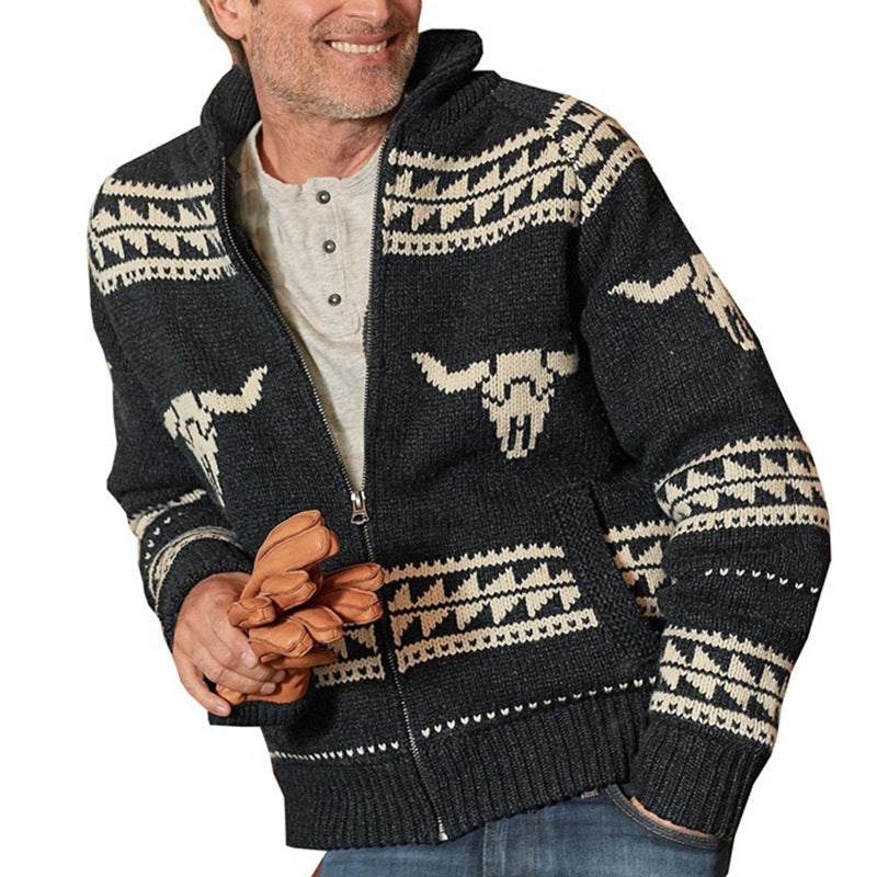 Men's Long-Sleeve Jacquard Sweater – Loose Fit Cold-Weather Knit