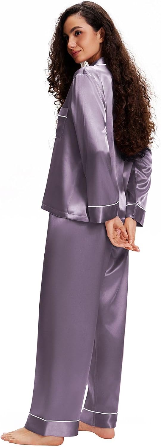 Lonxu Silk Satin Womens Pajama Sets Button Down Sleepwear Loungewear XS~3XL