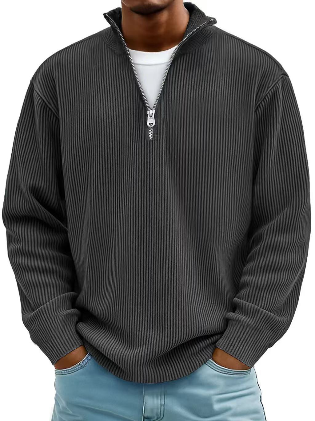Men's Corduroy Zip-Up Polo Sweatshirt – Stand Collar Long Sleeve