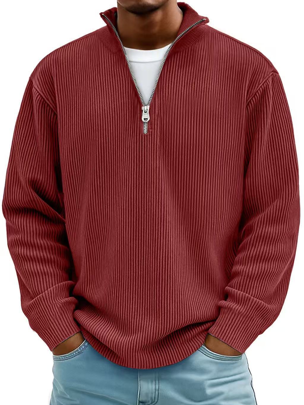 Men's Corduroy Zip-Up Polo Sweatshirt – Stand Collar Long Sleeve