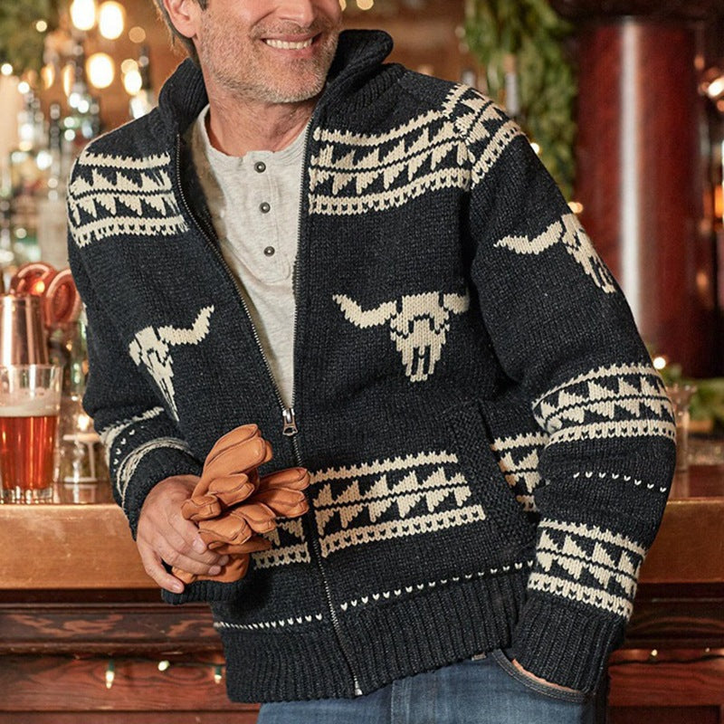 Men's Long-Sleeve Jacquard Sweater – Loose Fit Cold-Weather Knit
