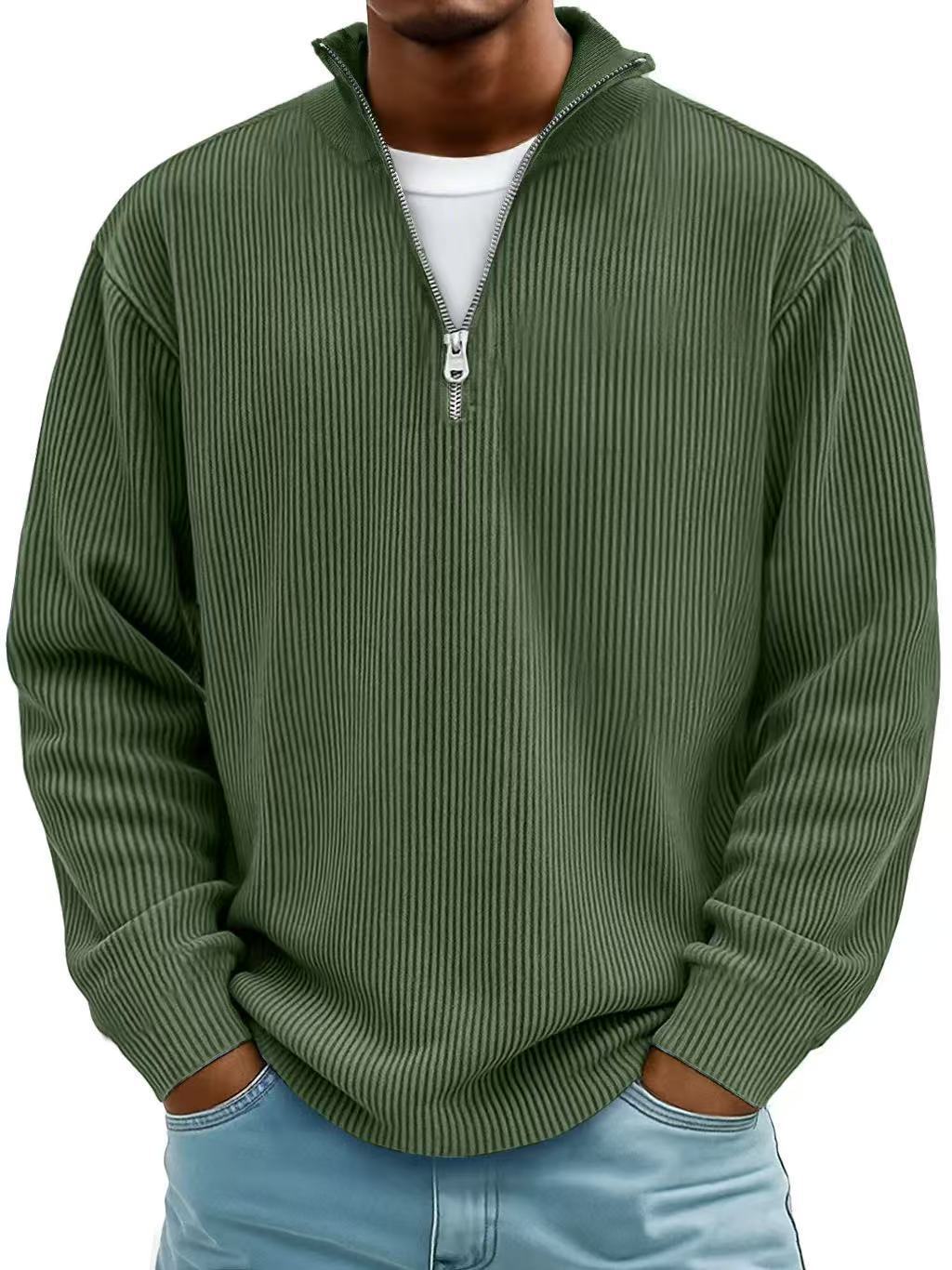Men's Corduroy Zip-Up Polo Sweatshirt – Stand Collar Long Sleeve