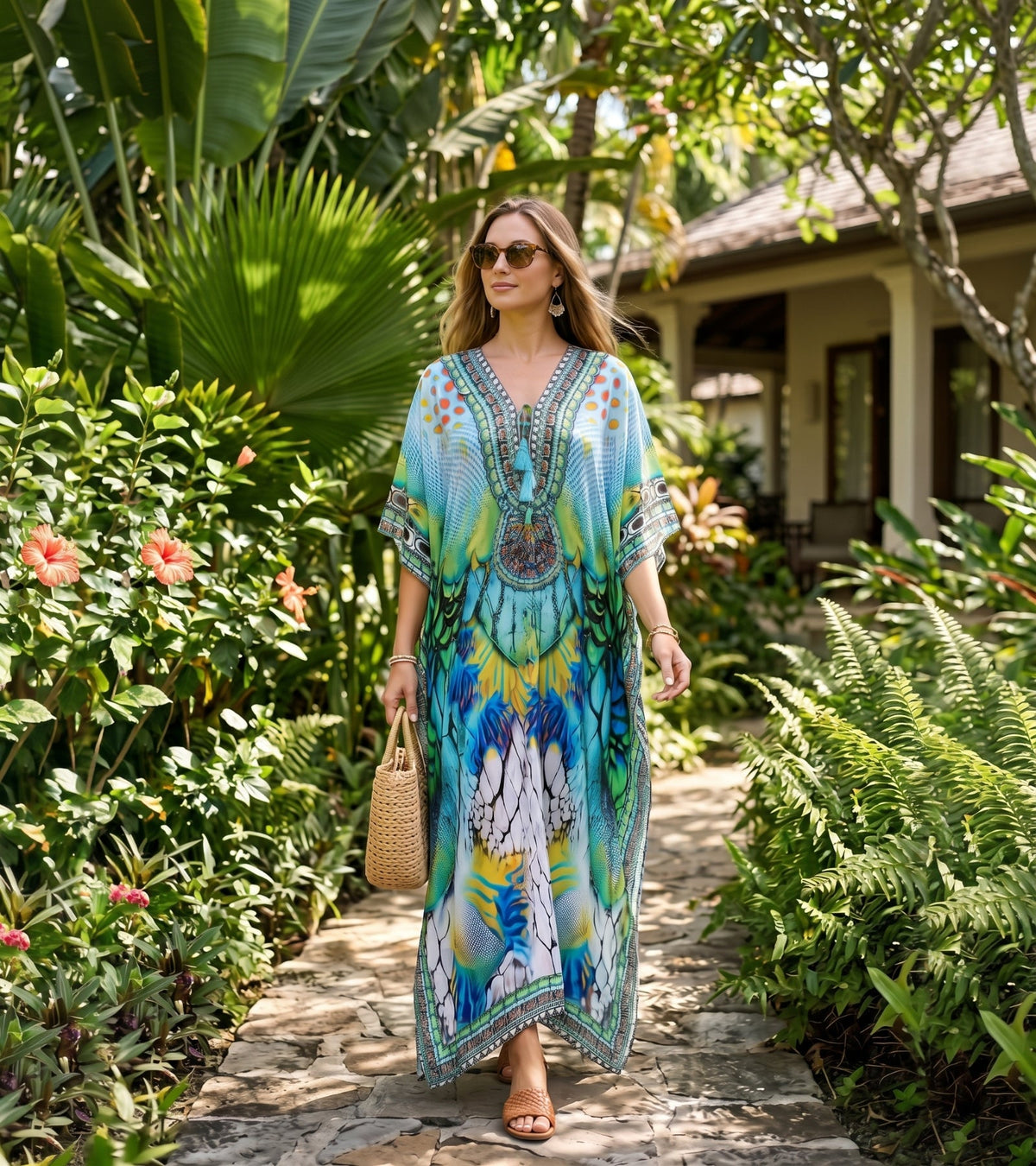 Sakkas Georgettina Flowy Rhinestone V Neck Long Caftan Dress/Cover Up