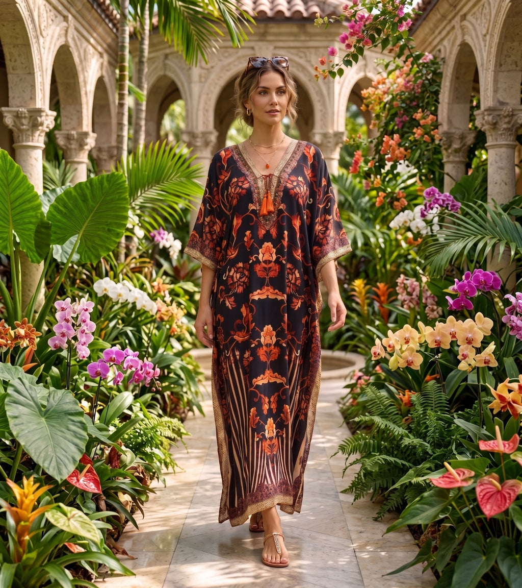 Sakkas Georgettina Flowy Rhinestone V Neck Long Caftan Dress/Cover Up