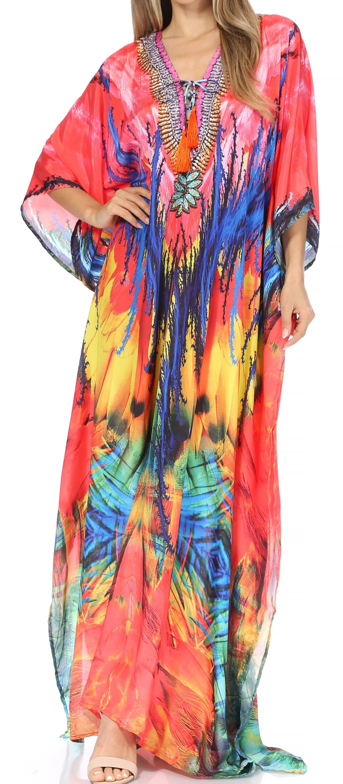 Sakkas Georgettina Flowy Rhinestone V Neck Long Caftan Dress/Cover Up