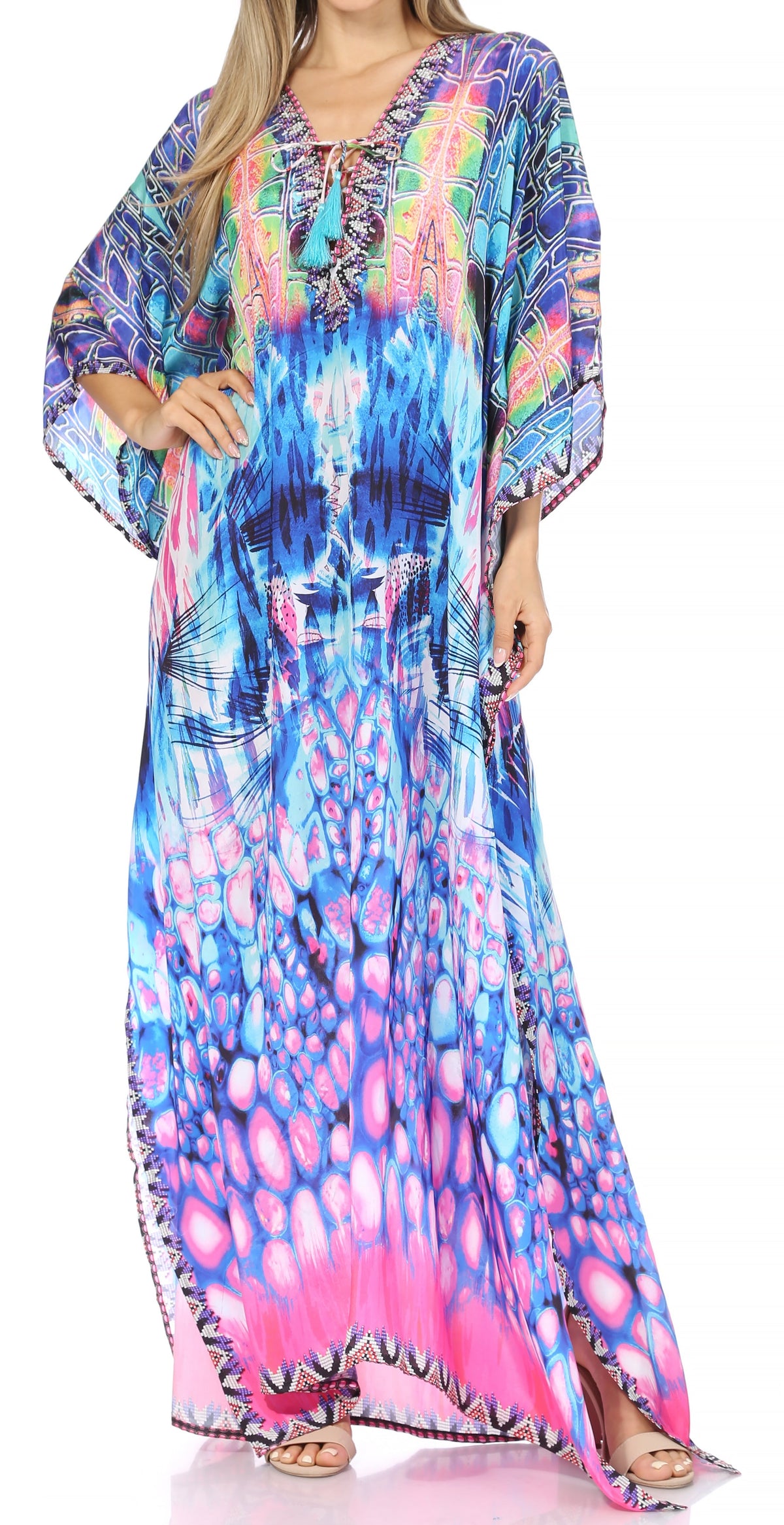 Sakkas Georgettina Flowy Rhinestone V Neck Long Caftan Dress/Cover Up