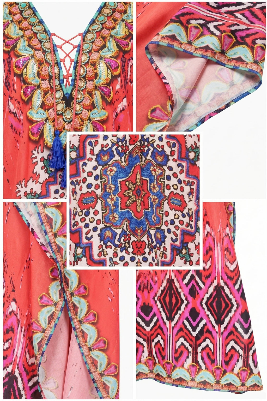 Sakkas Georgettina Flowy Rhinestone V Neck Long Caftan Dress/Cover Up