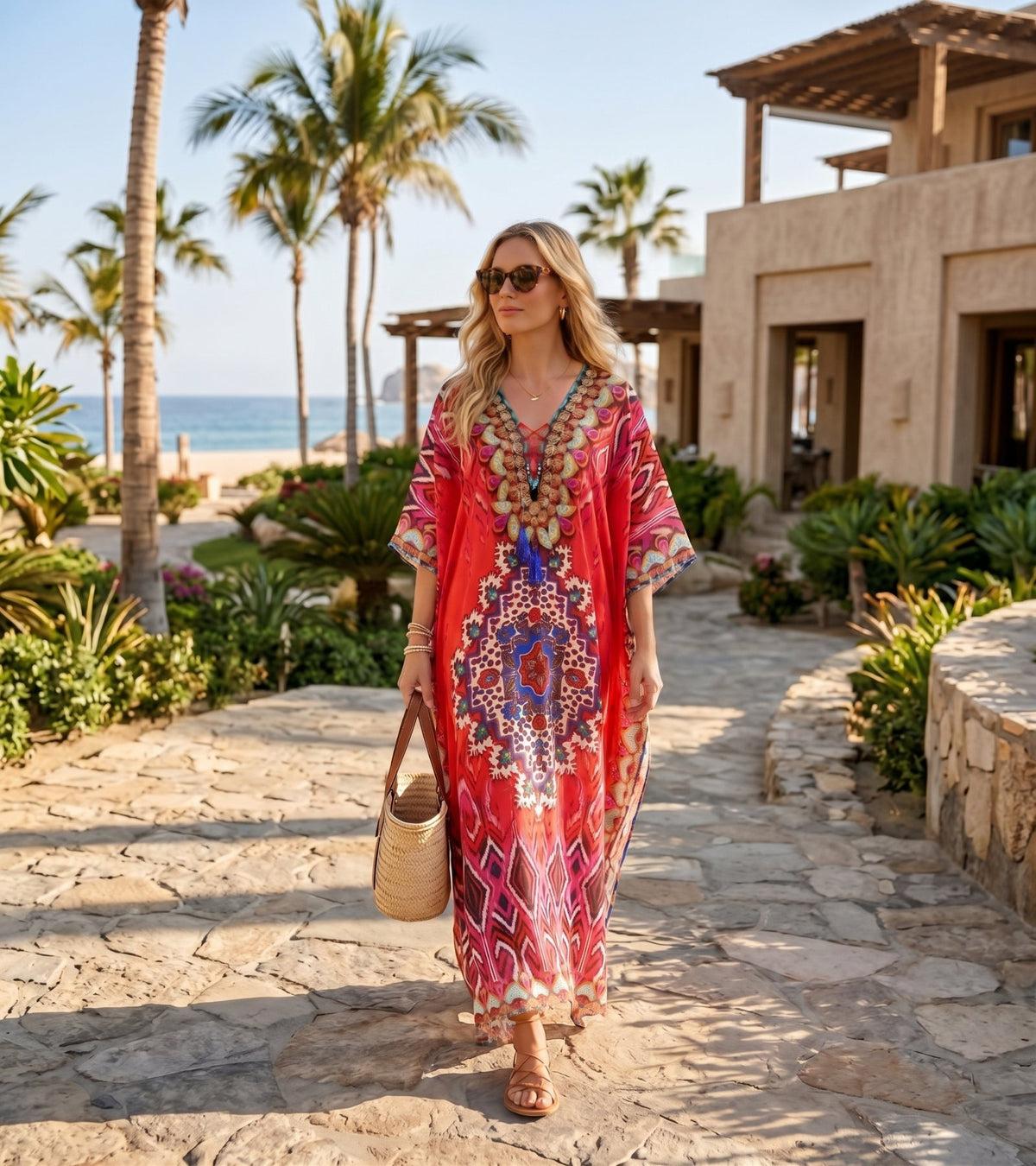 Sakkas Georgettina Flowy Rhinestone V Neck Long Caftan Dress/Cover Up