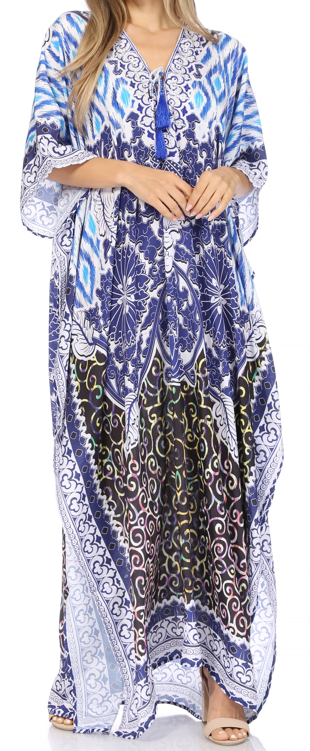 Sakkas Georgettina Flowy Rhinestone V Neck Long Caftan Dress/Cover Up