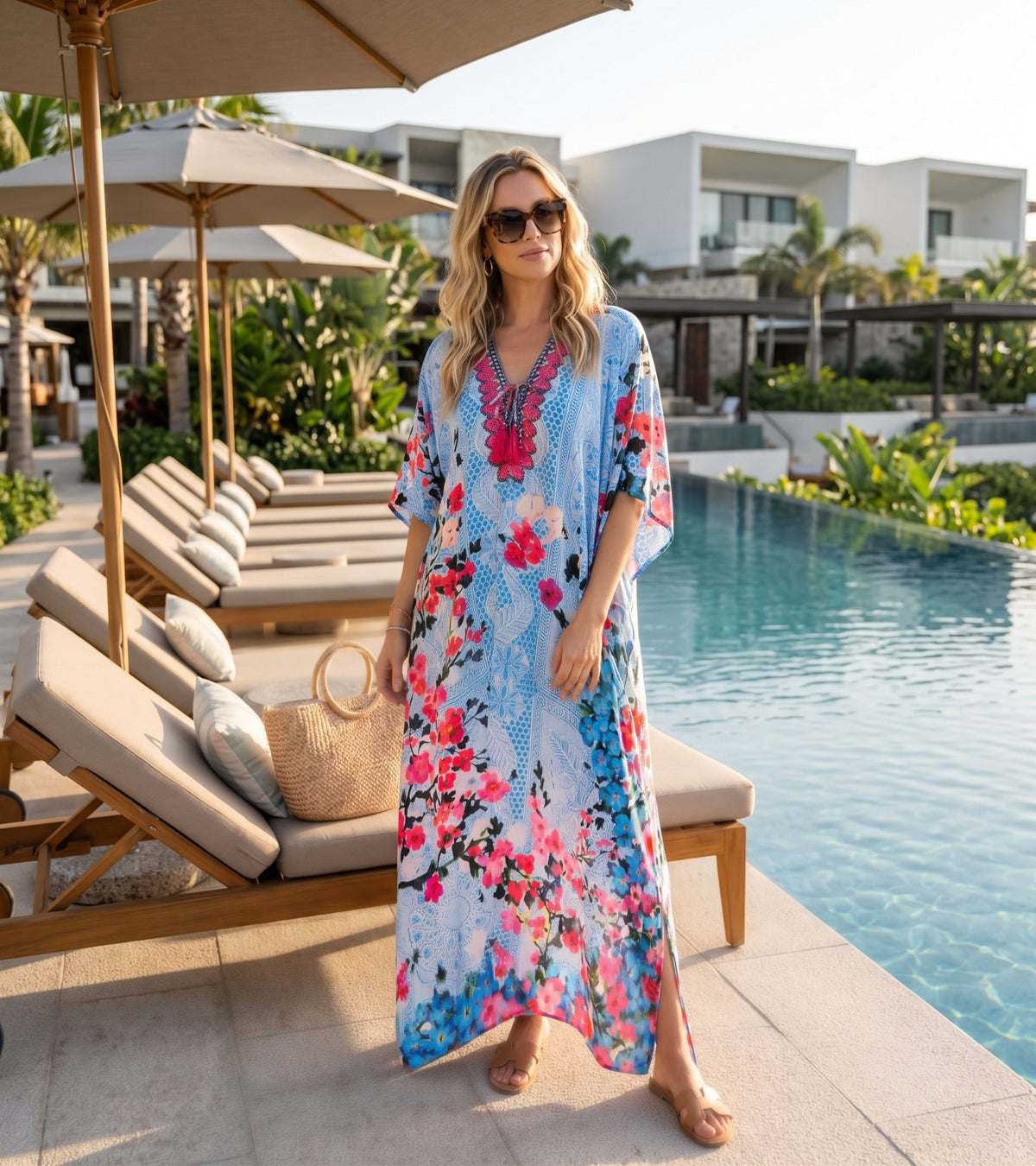 Sakkas Georgettina Flowy Rhinestone V Neck Long Caftan Dress/Cover Up