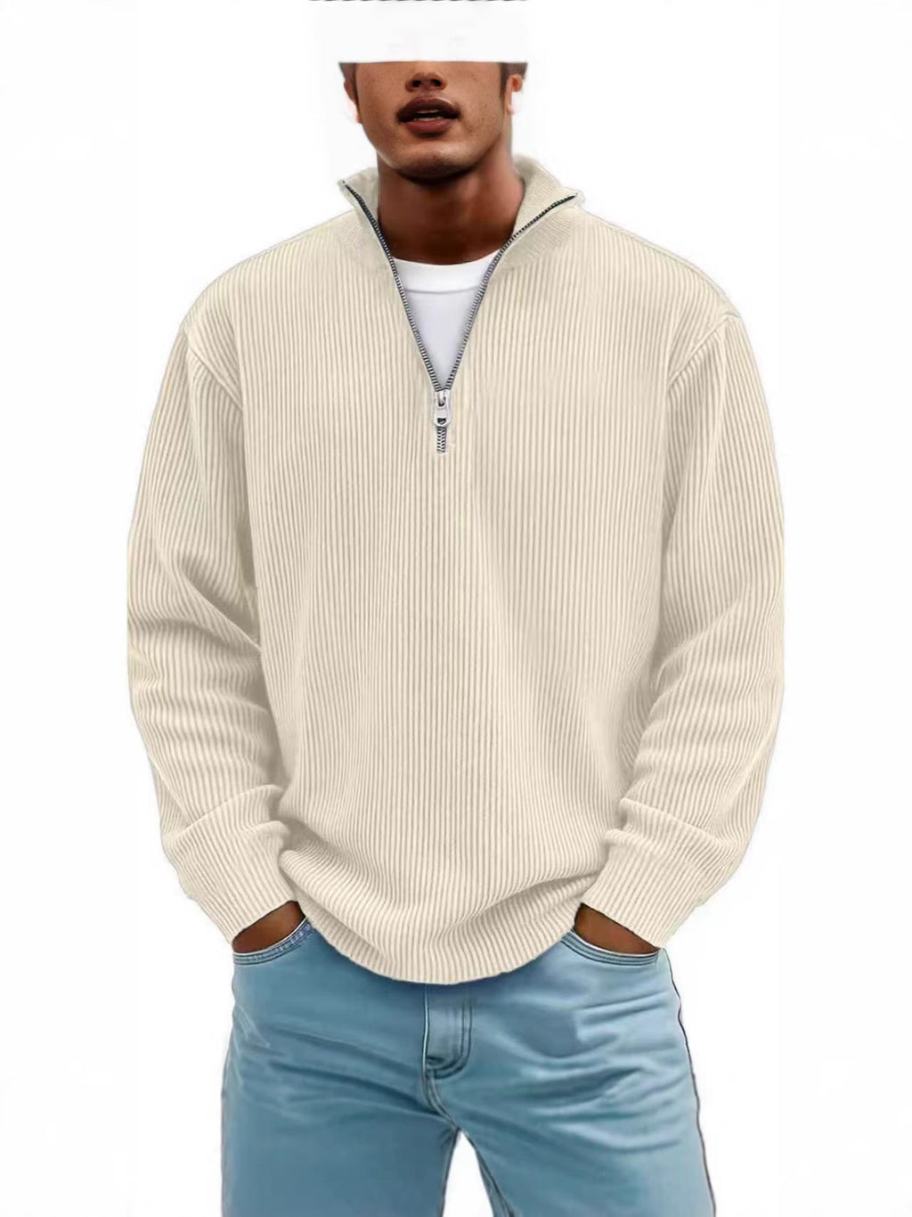 Men's Corduroy Zip-Up Polo Sweatshirt – Stand Collar Long Sleeve