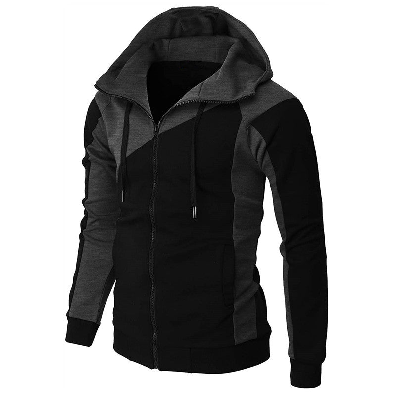 Autumn And Winter Contrast Color Zipper Coat Hooded Sweater Casual Fashion Long Sleeve Sports Men's Clothing