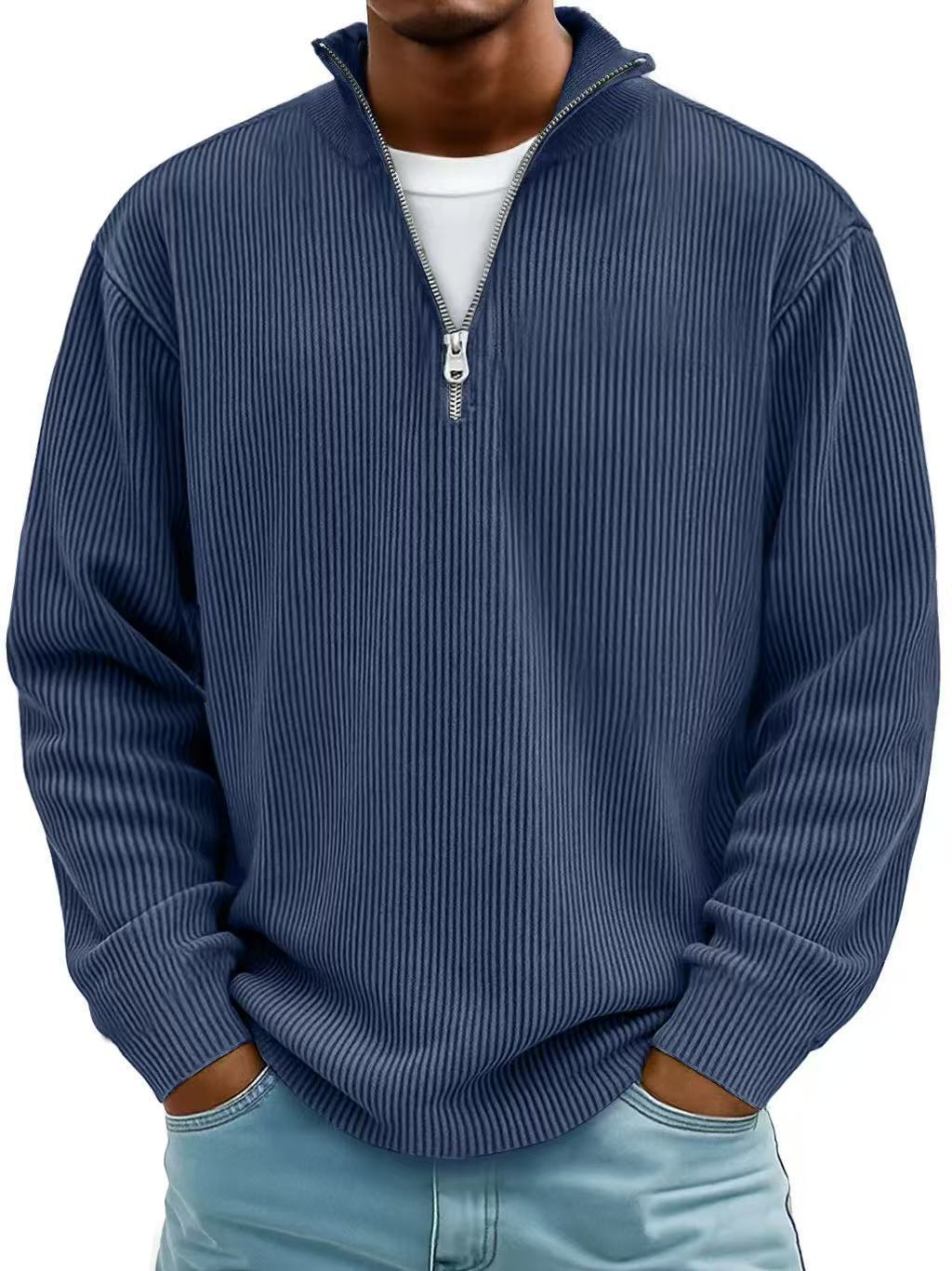 Men's Corduroy Zip-Up Polo Sweatshirt – Stand Collar Long Sleeve