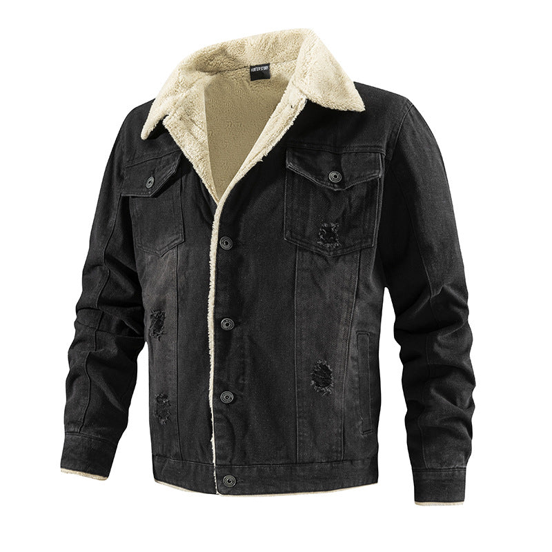 2026 Cross-Border Autumn And Winter Men's Long-Sleeve Fleece-Lined Thickened Denim Jacket With Turn-Down Collar, Large Size, Casual Versatile Fashion Urban Style