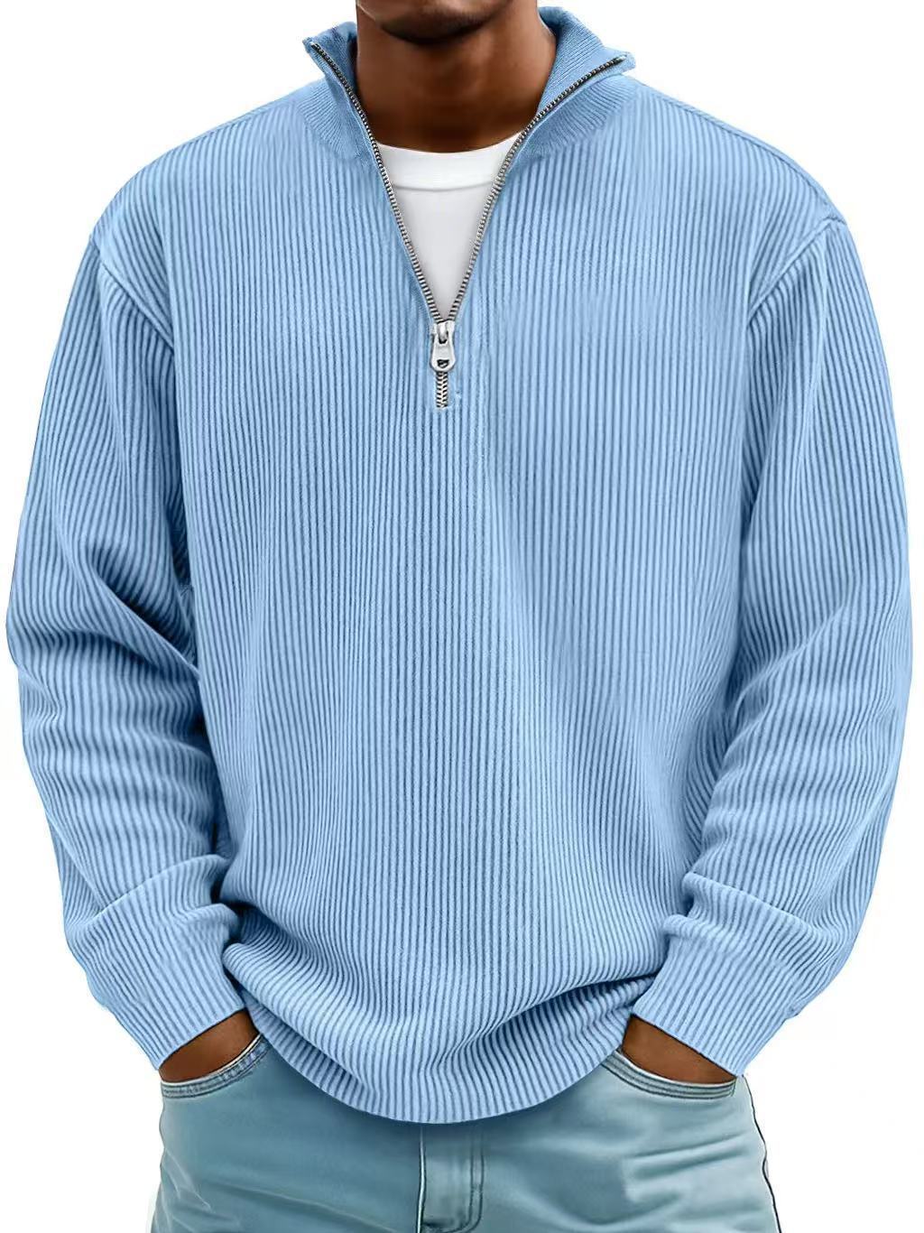 Men's Corduroy Zip-Up Polo Sweatshirt – Stand Collar Long Sleeve
