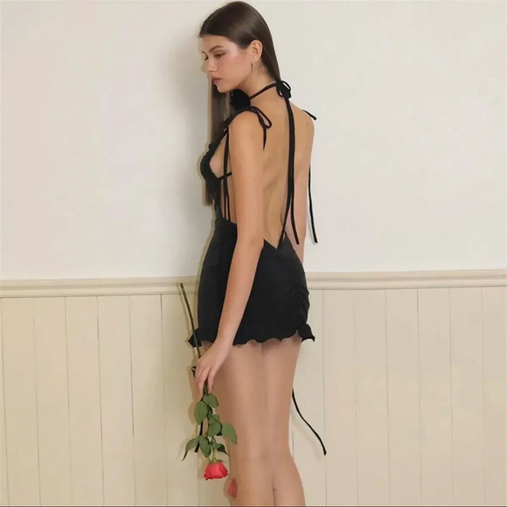 Y2K Lace-Up Open Back Mini Dress - Sexy Slim Fit Skirt